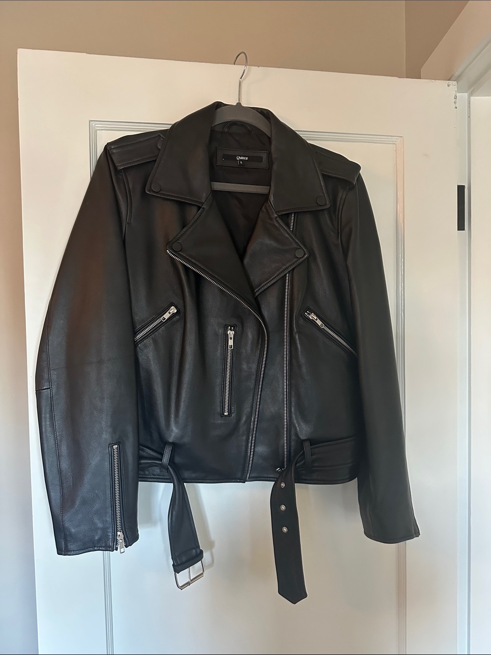 Quince Black Leather Moto Jacket with Zip Pockets and Belt